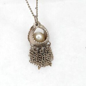 Vintage Faux Pearl Tassel Necklace Silver Tone Pendant
